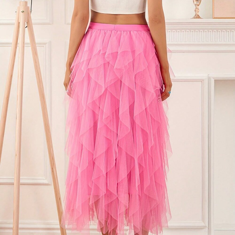 Pink Elegant Women's Sexy Long High Waist Tulle Skirt - Picture 2 of 8